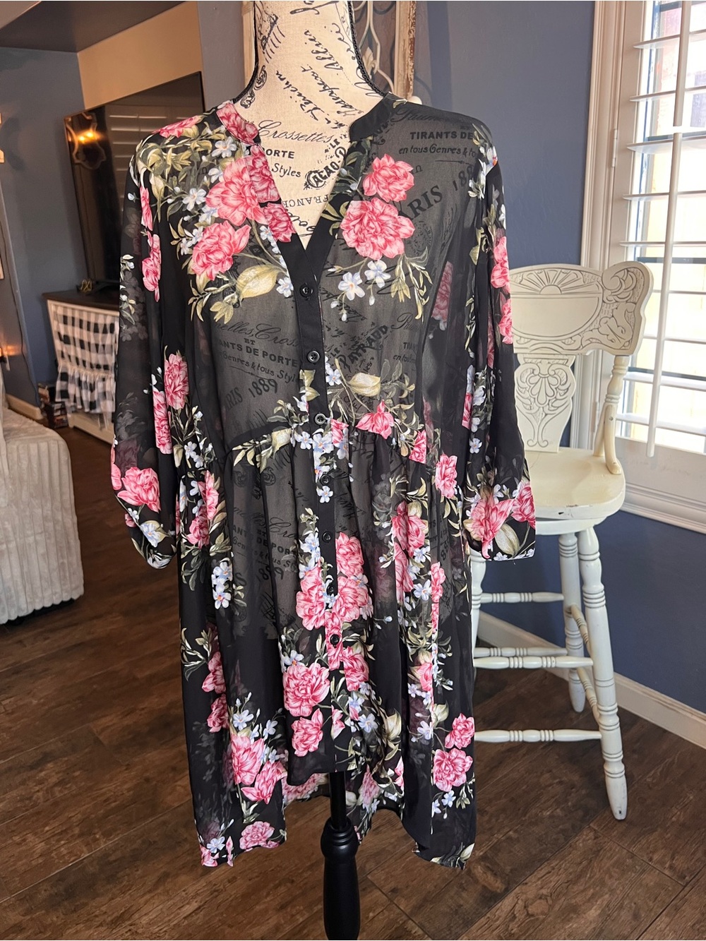 Torrid sheer Black Floral Button-Front tunic with Pink Roses